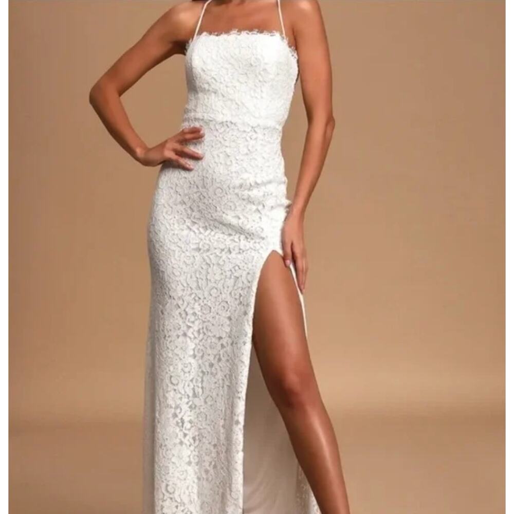 Lulu’s Infinite Love Story Lace Maxi Dress – Tie Back Lace-Up White Bridal – S